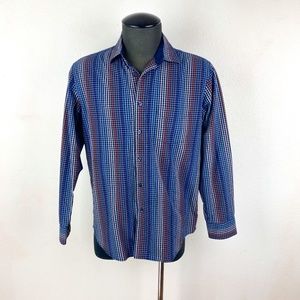 Tasso Elba Mens Blue Plaid Check Cotton Shirt Collar Long Sleeve Med 15-15 1/2